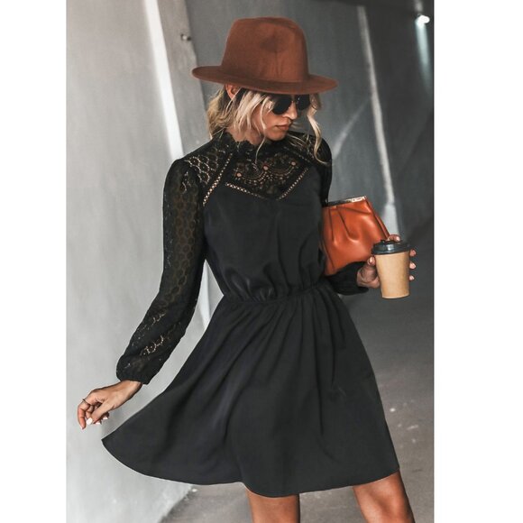 Cupshe NWT Zaina Black Lace-Trim Long Sleeve Mini Dress Size XL - Picture 1 of 16